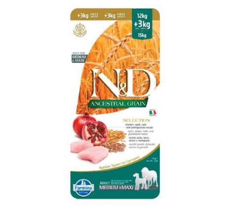 Farmina N&D dog LG SELECTION adult medium&maxi chicken,spelt,oats&pomegranate 12 kg + 3 kg GRÁTIS