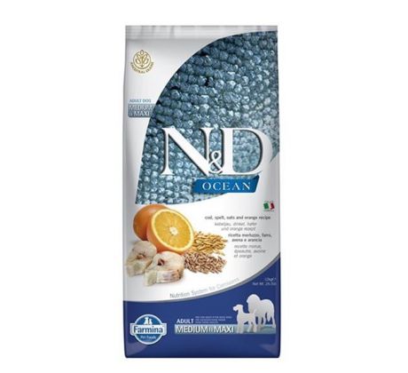 Farmina N&D dog OCEAN adult medium&maxi codfish, spelt, oats&orange 12 kg